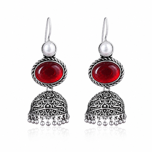 Pendientes Jhumka de Piedra Roja con Garantía Comercial |   Proveedor de Joyería Étnica de Plata Oxidada - Product Image 1