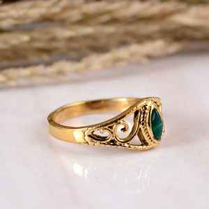 Antique Gold Brass Green Malachite 14K Gold Plated Bezel Setting Intricate Leaf Motif Textured Marquise Artisanal Botanical - Product Image 2