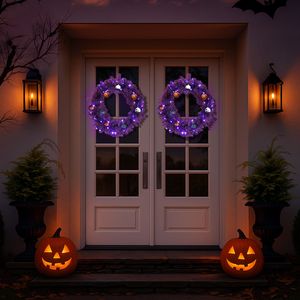 Ghirlanda Natalizia a Tema Halloween Pre-Illuminata da 24 Pollici, 50 Luci Viola e Arancioni, Ghirlanda Artificiale Illuminata per Porta d'Ingresso, 100 Punte in PVC - Product Image 2