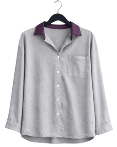 Ensemble deux pièces décontracté en coton et lin pour femme : chemise gris clair et pantalon large violet – Fabricant OEM personnalisé - Product Image 1