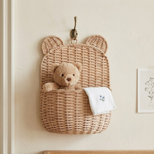 Panier mural décoratif en rotin motif ours mignon, organisateur de rangement en osier pour chambre d'enfant, jouets et livres - Product Image 2