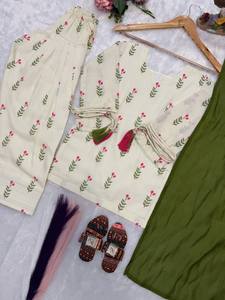 Ensemble Salwar en coton pour femme, style hiver, avec manches fantaisie à pompons, Kurta imprimée, pantalon et dupatta pour un usage quotidien décontracté - Product Image 4