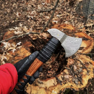 Handforged Damascus Steel <b>Axe</b> Ash Wood <b>Handle</b> Leather Sheath DIY Grade ODM Customized for Woodworking and Gifts - Product Image 1