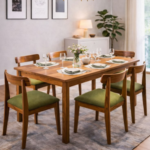 Table et chaises d'extérieur en bois ou en aluminium avec coussins verts, ensembles de salle à manger 4/6/8 places, OEM ODM, coussins et couleurs personnalisés - Product Image 1