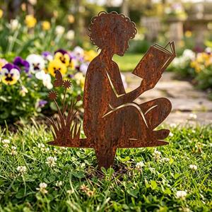 Adorno de Jardín con Forma de Animal, Silueta de Niño Leyendo un Libro, de Metal Oxidado, Resistente a la Intemperie, con Recubrimiento en Polvo, para Exteriores - Product Image 3