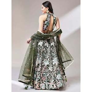 Evening Dress Olive <b>Green</b> Sequins Art Soft <b>Net</b> Mehendi Lehenga Choli - Product Image 5