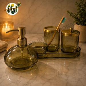 Luxury Five-Piece Ribbed Glass <b>Bathroom</b> <b>Accessories</b> <b>Set</b> Gold Finish Durable Easy Clean Soap Dispenser Toothbrush Holder Storage - Product Image 2