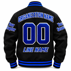 Chaqueta de hermandad Zeta azul y blanca con bordado de letras griegas en chenilla, lana negra, personalizada para mujeres universitarias. - Product Image 2