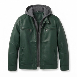 Blouson de moto en cuir PU personnalisé pour homme, col montant, capuche amovible, fermeture éclair, décontracté, imperméable, teint uni, OEM, vente en gros - Product Image 5