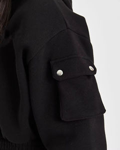 Custom Women's Black <b>Cropped</b> Zip-Up Hoodie <b>Jogger</b> Set Cargo Pocket Sleeve Logo Print Streetwear Tracksuit Eco-Friendly - Product Image 4
