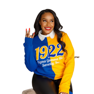 Sweat-shirt en chenille bicolore Sigma Gamma Rho 1922 pour femme, bleu et or, mélange de coton, manches longues, coupe élégante - Product Image 1