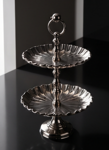 Premium Silver Metal 2 <b>Tier</b> <b>Cake</b> <b>Stand</b> with Ring Handle Pedestal Base Scalloped Pastry Cupcake Display Serving Plate - Product Image 3