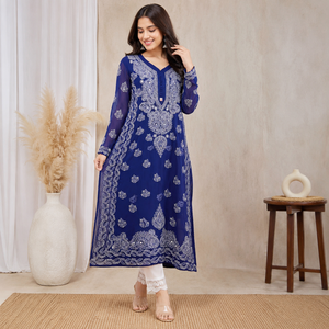 Kurti droit en coton bleu roi brodé à la main style Lucknowi Chikankari - Tunique ethnique élégante pour femme - Product Image 1
