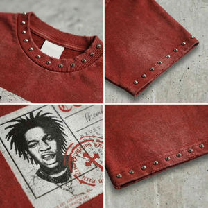 T-shirt personnalisé pour <span class=keywords><strong>homme</strong></span> à col côtelé, style streetwear, coupe ample, avec strass, haut oversize en coton, motif graphique, effet délavé vintage - Product Image 4