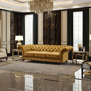 Canapé Chesterfield convertible en cuir véritable à trois places avec pieds en bois massif pour salon et usage scolaire - Product Image 1