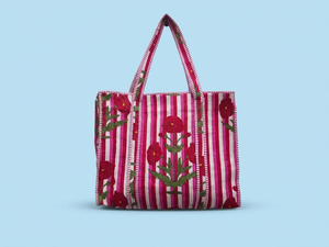 Sac fourre-tout matelassé en coton à motif floral, sac à main en toile matelassée avec poignée en corde, logo personnalisé pour la plage, le shopping, les voyages et l'usage quotidien - Product Image 1