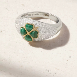High-End 9 Karat White & Yellow Gold Malachite Clover Diamond <b>Dome</b> <b>Ring</b> Elegant Designer Fine Jewelry - Product Image 1