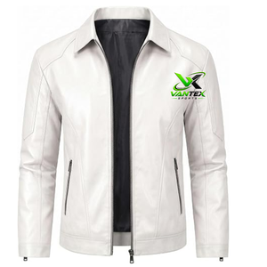 Chaqueta de Motociclista para Hombre, de Cuero Genuino Blanco, Ecológica, Estilo Vintage, Corte Ajustado, Cuello Camisero, Cierre de Cremallera, Resistente al Viento, para Invierno - Product Image 1