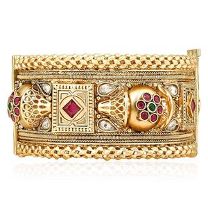 24K Gold Plated Alloy Bangles With <b>Ruby</b> And Emerald Stones Flower Pattern Women's Wedding Jewelry Classic Style - Product Image 1