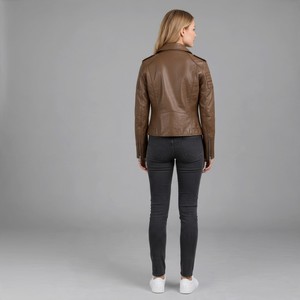 Blouson moto en cuir marron pour homme, avec fermeture éclair, style motard, grande taille, col rabattable, design intégral, collection automne - Product Image 5
