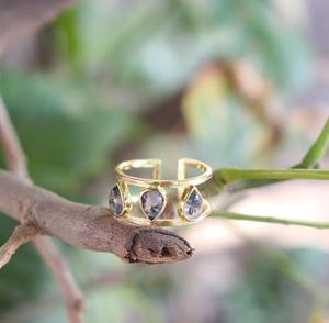 Anillo ajustable de ágata musgosa chapado en oro, de banda ancha, a la moda, con piedra natural, de latón, abierto, colección de joyería unisex. - Product Image 6