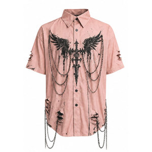 Chemise gothique pour homme à manches courtes, coupe oversize, avec imprimé église, chaînes et détails déchirés, bleu foncé, en coton tissé - Product Image 5