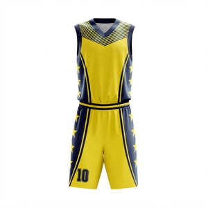 Ensemble de maillots de basket-ball personnalisés pour adultes unisexes, jaune bleu marine, col en V, manches longues, impression numérique, numéro 10, respirant, séchage rapide - Product Image 2