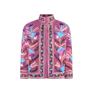 Purple Velvet Embroidery Ladies Reversible Floral Suzani Bomber Coat <b>Quilted</b> Mandarin Collar Prairie Chic Spring Polyester - Product Image 1