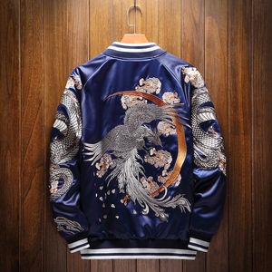 Blouson Bomber Unisexe en Toile Brodé Double Dragon Phénix, Patchwork, Léger Printemps, Souvenir, Enduit, pour Homme et Femme - Product Image 2