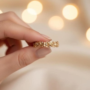 Bague demi-éternité unique en or massif 10K avec diamants de laboratoire style floral, cadeau de fiançailles pour mariage - Product Image 5