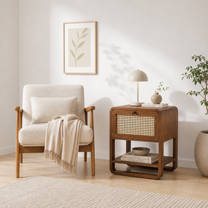 Wholesale Premium Solid Teak Wood Modern Minimalist Pingul <b>Bedside</b> Table Cabinet Rattan Drawer <b>Shelf</b> Storage Walnut Finish - Product Image 5