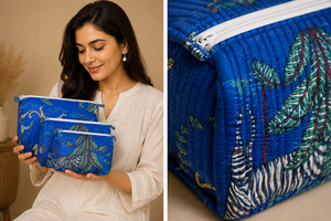 Blue Quilted Cosmetic Bag Set: Zebra, Leopard, Palm Prints, Multi-Sized Zipper Pouches for <b>Makeup</b>, Travel, and Toiletries - Product Image 5