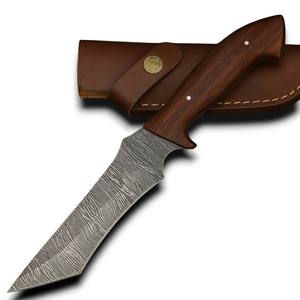 Couteau de chasse tactique multifonctionnel à lame fixe en acier Damas de haute qualité, manche ergonomique en bois de rose naturel, pleine longueur de lame - Product Image 1