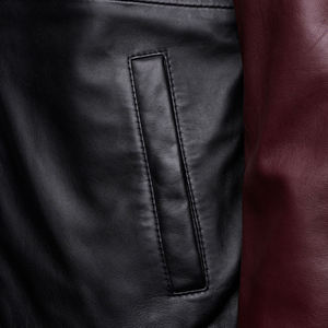 Wholesale <b>Men's</b> Black PU Leather <b>Bomber</b> <b>Jacket</b> With Burgundy Sleeves Embroidered Logo Turn-down Collar Regular Fit Autumn Wear - Product Image 6