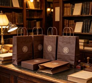 Sacs en papier kraft classiques avec logo estampé or, poignées torsadées, recyclables, sacs plats standard pour les achats professionnels - Product Image 1