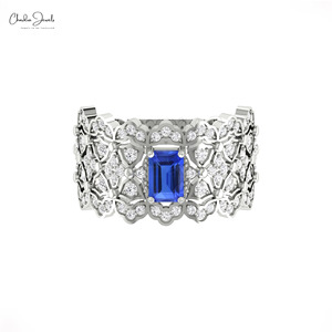 Anillo de cóctel de lujo de oro fino de 14K con tanzanita AAA de 6x4mm, gema octogonal con diamantes engastados en pavé, joyería fina, fabricante OEM ODM - Product Image 4