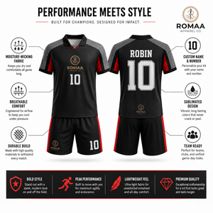 ชุดเสื้อและกางเกงฟุตบอลสีดำแดงสำหรับทุกเพศจาก ROMAA APPAREL CO. แบบซับลิเมชั่น 10 ชิ้น ระบายเหงื่อได้ดี ยืดได้สี่ทิศทาง เป็นมิตรต่อสิ่งแวดล้อม - Product Image 3