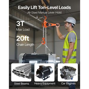 Paranco a Catena Manuale per Carichi Pesanti 3T 6600LBS Capacità 20FT Sollevamento Acciaio Legato G80 Doppia Zampa Meccanico - Product Image 2