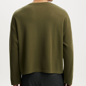 <b>Men's</b> Olive Green <b>Henley</b> <b>Long</b> <b>Sleeve</b> Knitted T-Shirt Regular Fit Button Up Collar Casual Autumn Wear - Product Image 2