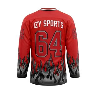 Camisetas de Hockey sobre Hielo con Estampado Gráfico de Llamas en Degradado Negro y Rojo, Uniformes de Equipo de Poliéster de Alto Rendimiento, Camisetas de Manga Larga - Product Image 3