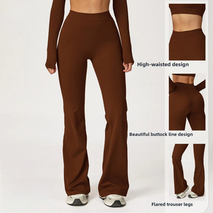 High-<b>Waisted</b> Flared <b>Trousers</b> Women's Loose Fit Solid Color Knitted Pants Breathable Stretchy Casual Spring Wear Full Length Pant - Product Image 1