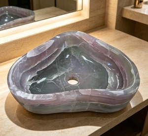 Lavabo de Mármol Irregular, Lavabo de Piedra Natural Pulida, Lavabo Contemporáneo para Baño, Montaje Sobre Encimera, Acabado Liso - Product Image 1