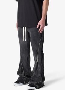Custom Made Men's <b>Black</b> Flare Pants <b>With</b> Side Zippers Elastic Waist Stonewashed Cotton Street Style Drawstring Closure - Product Image 4