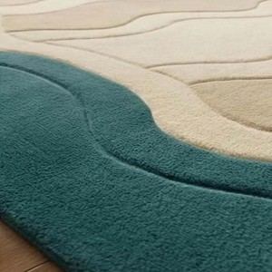 Tapis moderne ondulé bleu sarcelle et crème, tapis de luxe en laine tufté à la main avec bordure contemporaine, pour salon, chambre à coucher, décoration de sol, tapis d'appoint - Product Image 5