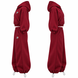 OEM Custom Unisex <b>Burgundy</b> Cropped Zip <b>Hoodie</b> Tracksuit Oversized Wide Leg Fleece Streetwear Set - Product Image 3