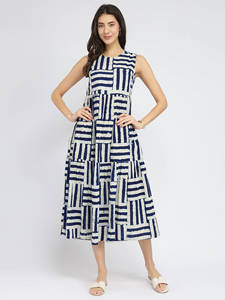 Geometric Print <b>Sleeveless</b> Midi <b>Dress</b> O-Neck A-Line Loose Fit Cotton Bamboo Fiber <b>Summer</b> Casual Wear Beautiful <b>Dress</b> Women - Product Image 2