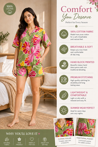 Conjunto de Pijama de Algodón con Estampado Artesanal para Mujer - Conjunto de Shorts de Verano con Estampado Floral - Ropa de Dormir Transpirable en Verde - Product Image 6