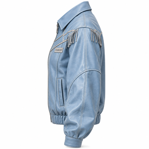 Blouson en cuir véritable bleu ciel pour femme avec franges aux épaules, taille élastique et fermeture éclair – Fabrication sur mesure - Product Image 4