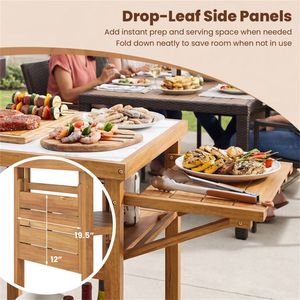 Tavolo da Esterno in Legno di Acacia con Piano Ribaltabile in Resina Effetto Marmo per Stazione di Preparazione BBQ - Product Image 5