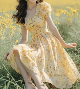 Sweet Women's Summer Floral Print Mini <b>Dress</b> Short Sleeve Puff Sleeve A-Line <b>Elastic</b> Waist Woven Cotton Casual <b>Dress</b> - Product Image 4